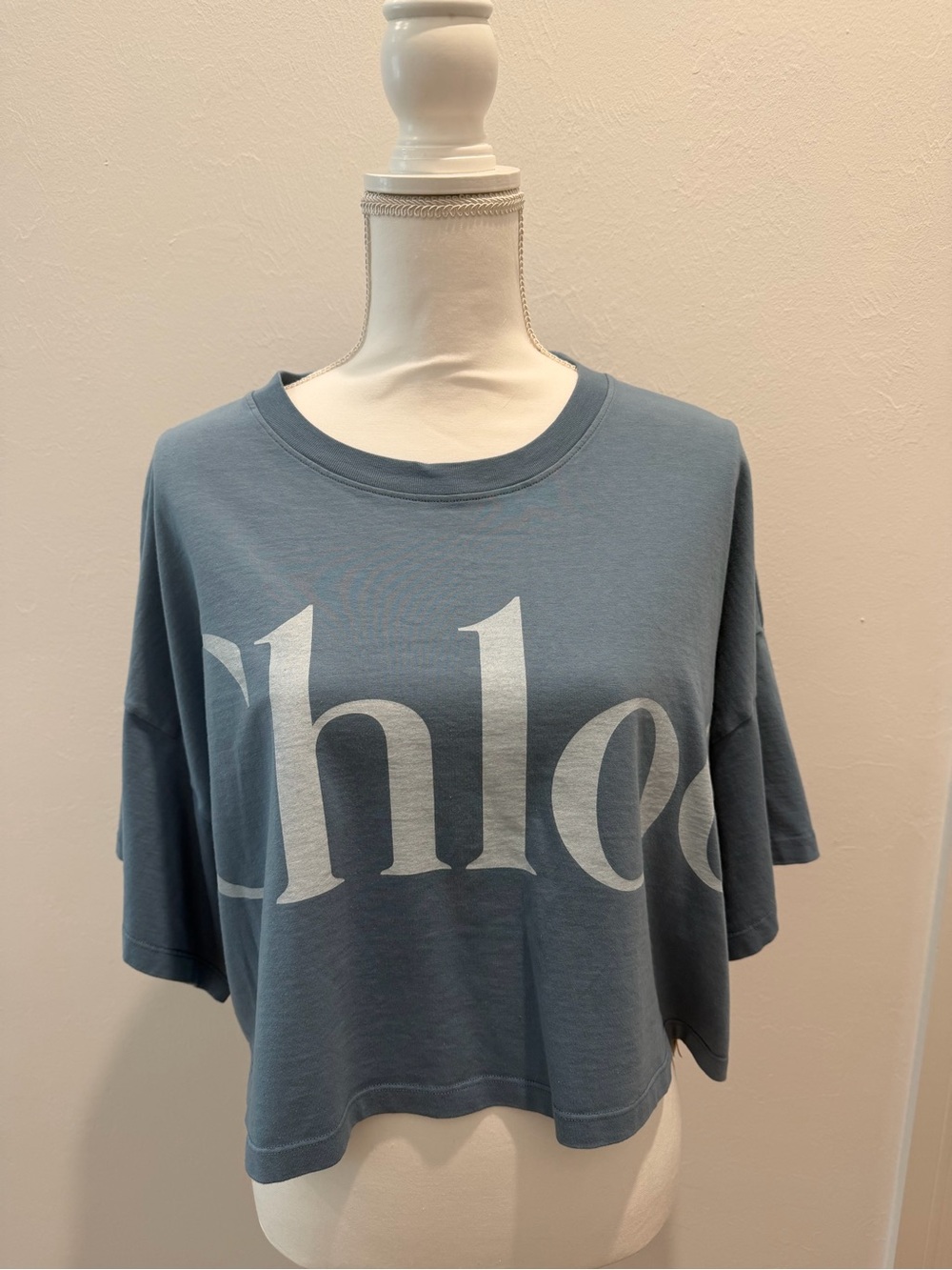 Chloe Blue Graphic Crop Tee with Large White Logo